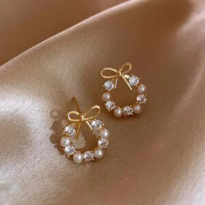Golden Bow Pearl & Crystal Wreath Earrings