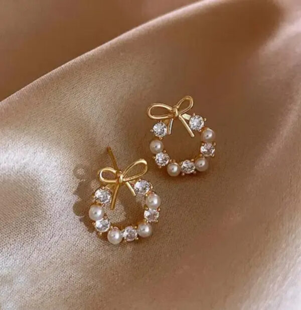Golden Bow Pearl & Crystal Wreath Earrings