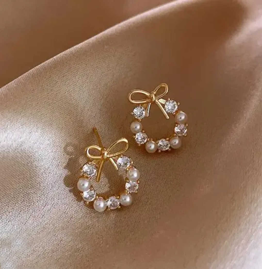Golden Bow Pearl & Crystal Wreath Earrings
