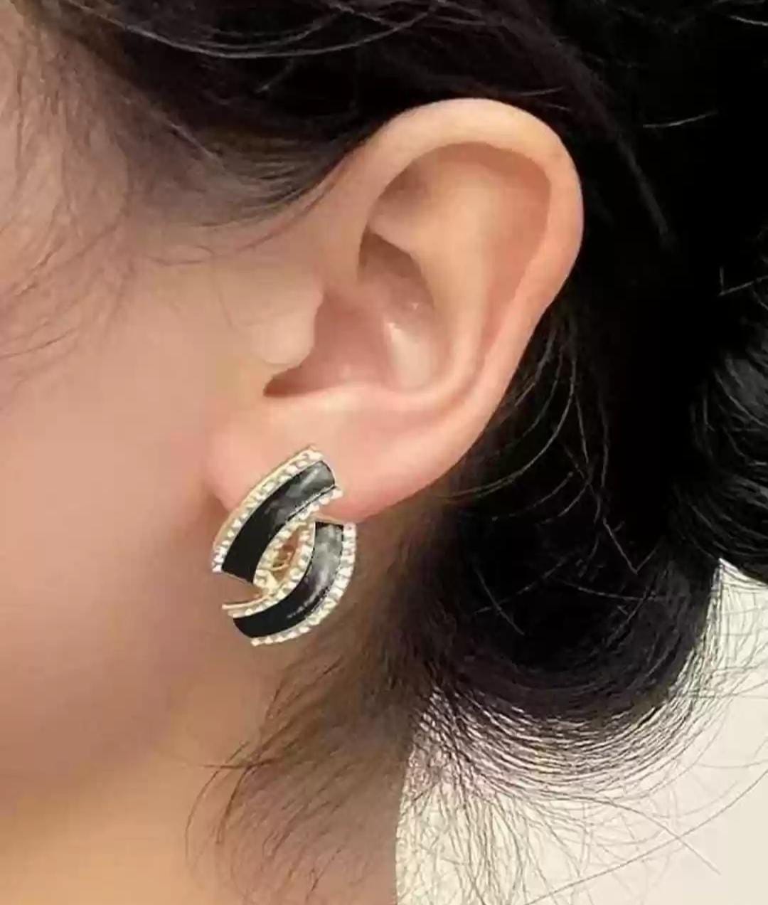 Black Enamel & Crystal Curve Stud Earrings - Image 3