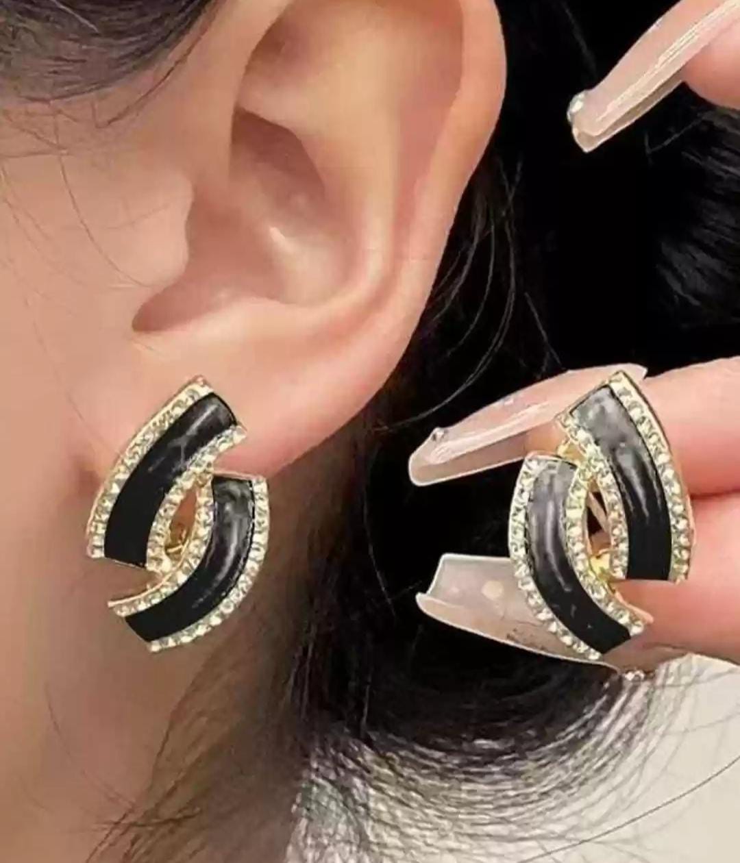 Black Enamel & Crystal Curve Stud Earrings - Image 2