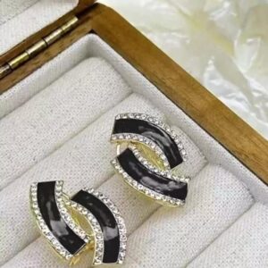 Black Enamel & Crystal Curve Stud Earrings
