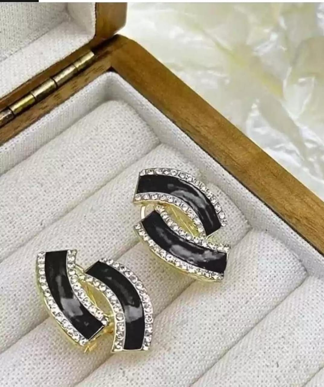 Black Enamel & Crystal Curve Stud Earrings